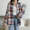 Women Summer Long Loose Shirt Falling Shoulder Long Sleeve Lapel Plaid Shirt
