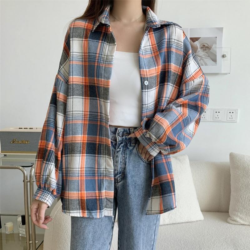Women Summer Long Loose Shirt Falling Shoulder Long Sleeve Lapel Plaid Shirt