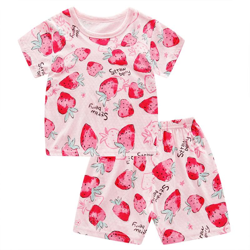 2 Pcs Kids Home Wear Set Cotton Cute Cartoon Printing Round Neck Short Sleeve Top Shorts Pajamas