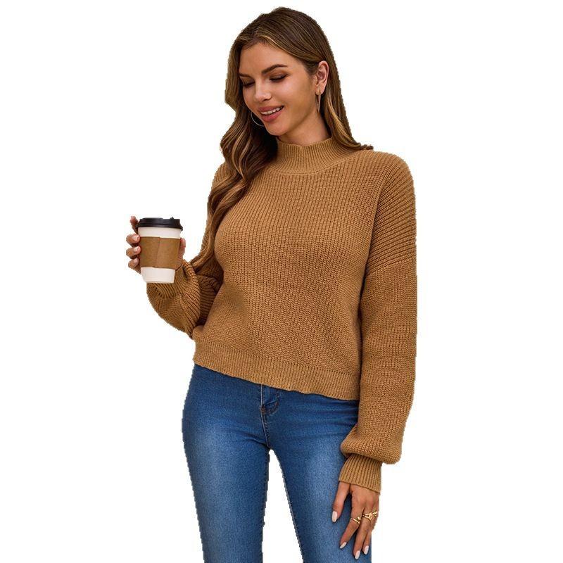 

Spring New Laid-back Style Semi-high Neck Pullover Knitted Base Layer, Long-sleeved Loose and Versatile Sweater for Women L кофейный