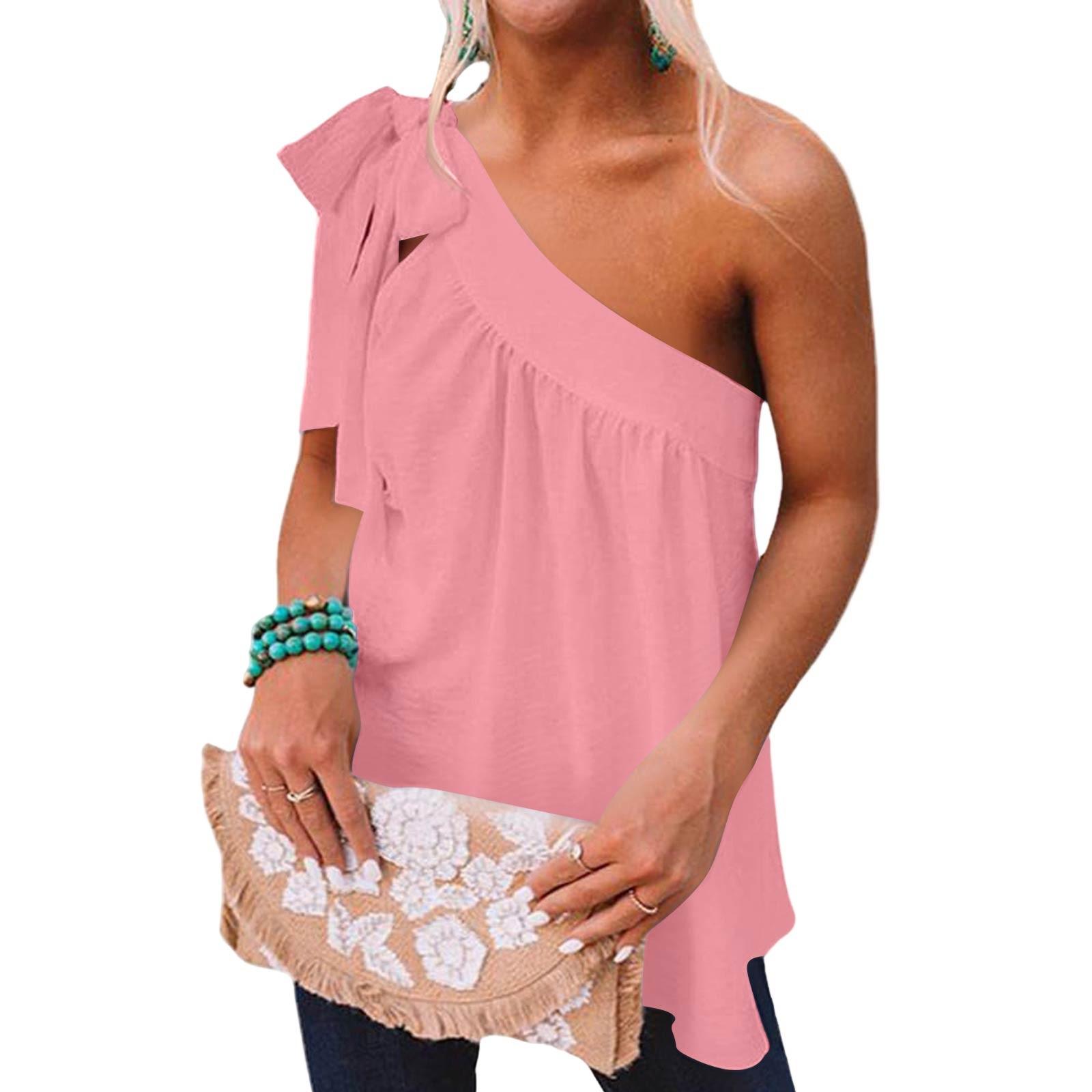 

Женская летняя мода V-образный вырез повседневная без рукавов блузка однотонные топы XL розовый