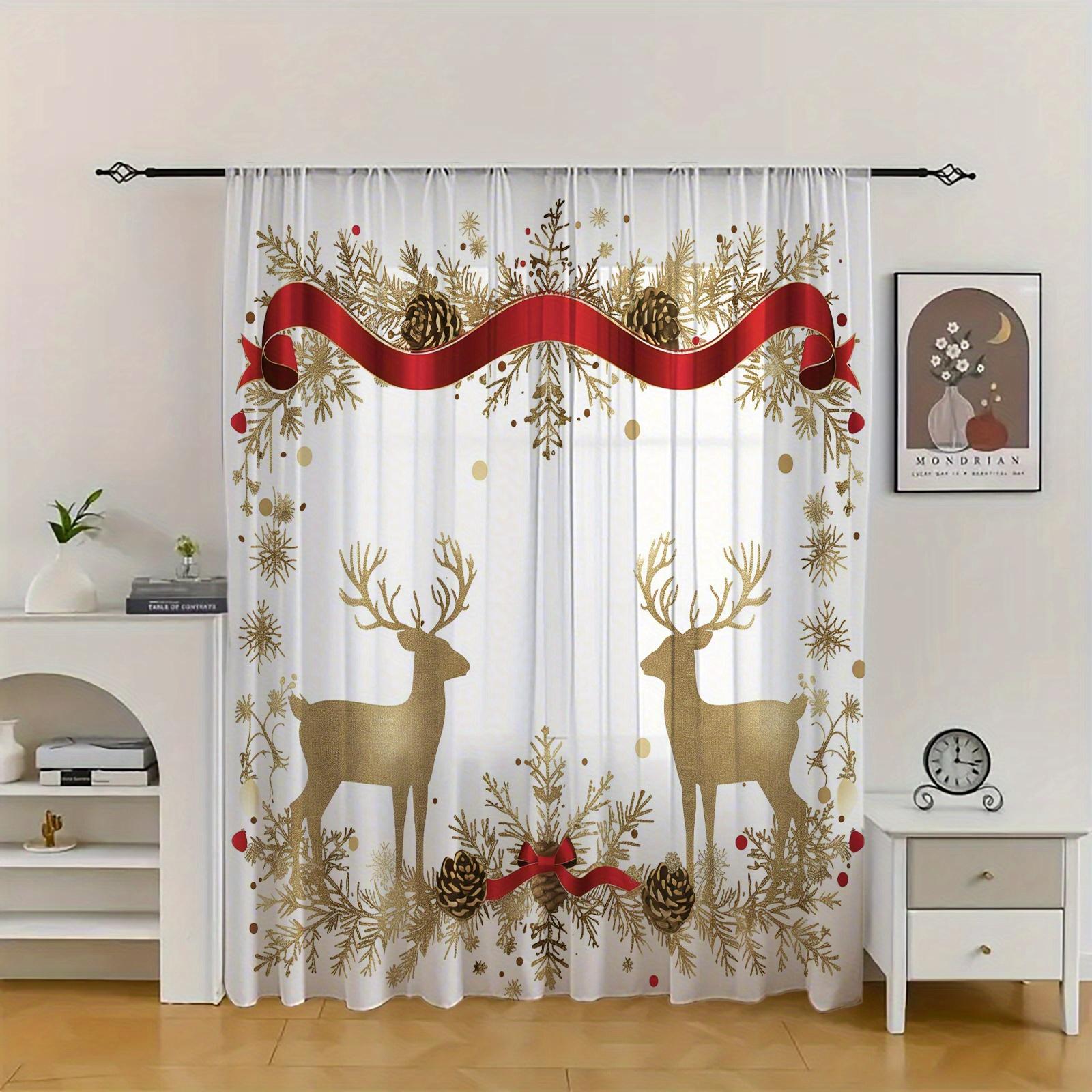 

Golden Deer Holiday Curtains Semi Transparent Living Room Bedroom Study Coffee Shop Decor Curtain Set Of 2 Made Polyester With Rod Pocket Washable W100*H70(CM)-Hooks&1PCS