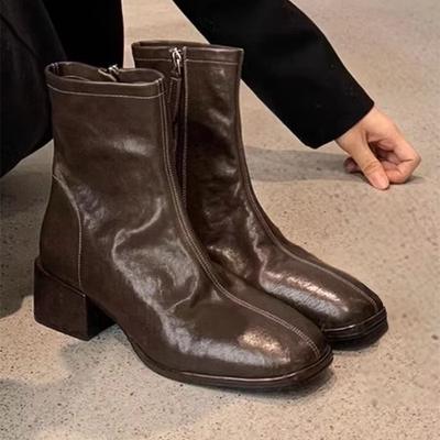 Stivaletti da Donna 2025 Primavera Stile Coreano Punta Quadrata Stivaletti Sottili Stivaletti Tacco Spesso Stivaletti alla Caviglia Donna