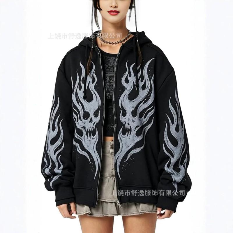 Womens Oversized Y2K Streetwear Hoodie With Digital Skull Print Zip-Up Loose Fit Sweatshirt Casual Outdoor Wear