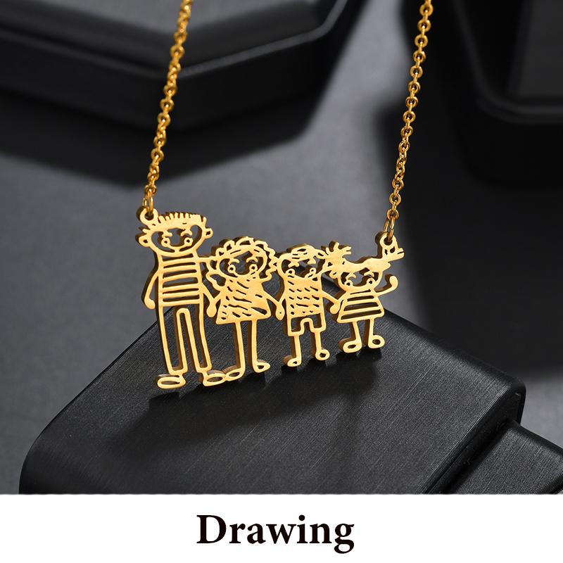 

Auxauxme Custom Kids Drawing Necklace Stainless Stee Personalized Children Artwork Pendant for Kids Mom Family Jewelry Gifts Necklace золотой