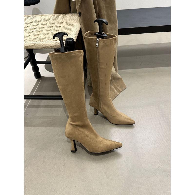 

Retro pleated suede piled boots women s 2025 autumn and winter new pointed thin heel high heel boots slim knight boots 39 хаки