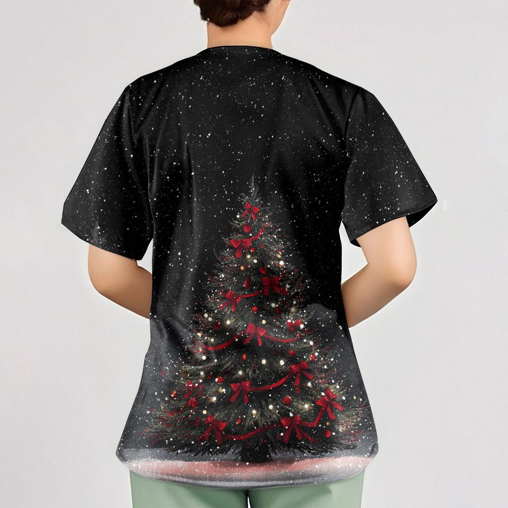 Women's Christmas Print Loose V-Neck Pocket Short-Sleeved Uniform
