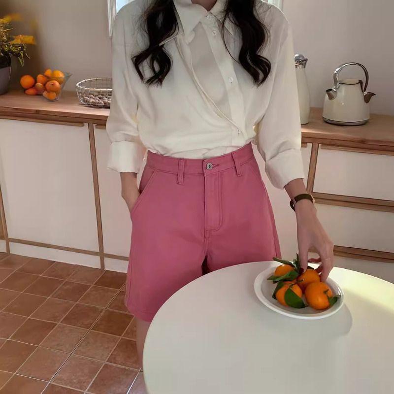 Pink Denim Shorts Summer New Style for Women with High Waist Slimming A-line Wide-leg Mid-length Pants Loose Five-point Pants