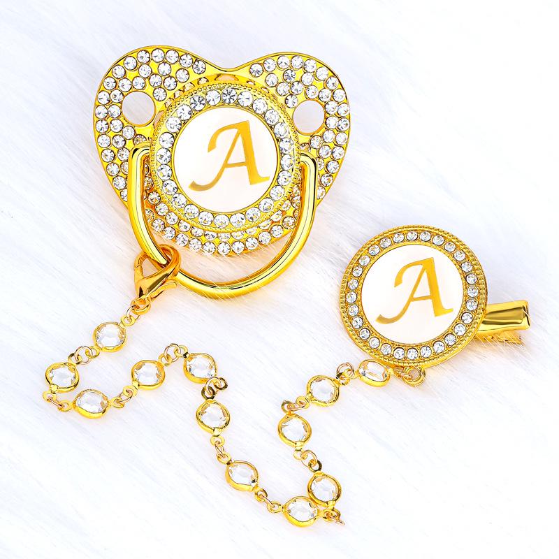 

Luxury Gold Diamond Pacifier with Glass Bead Chain Clip
