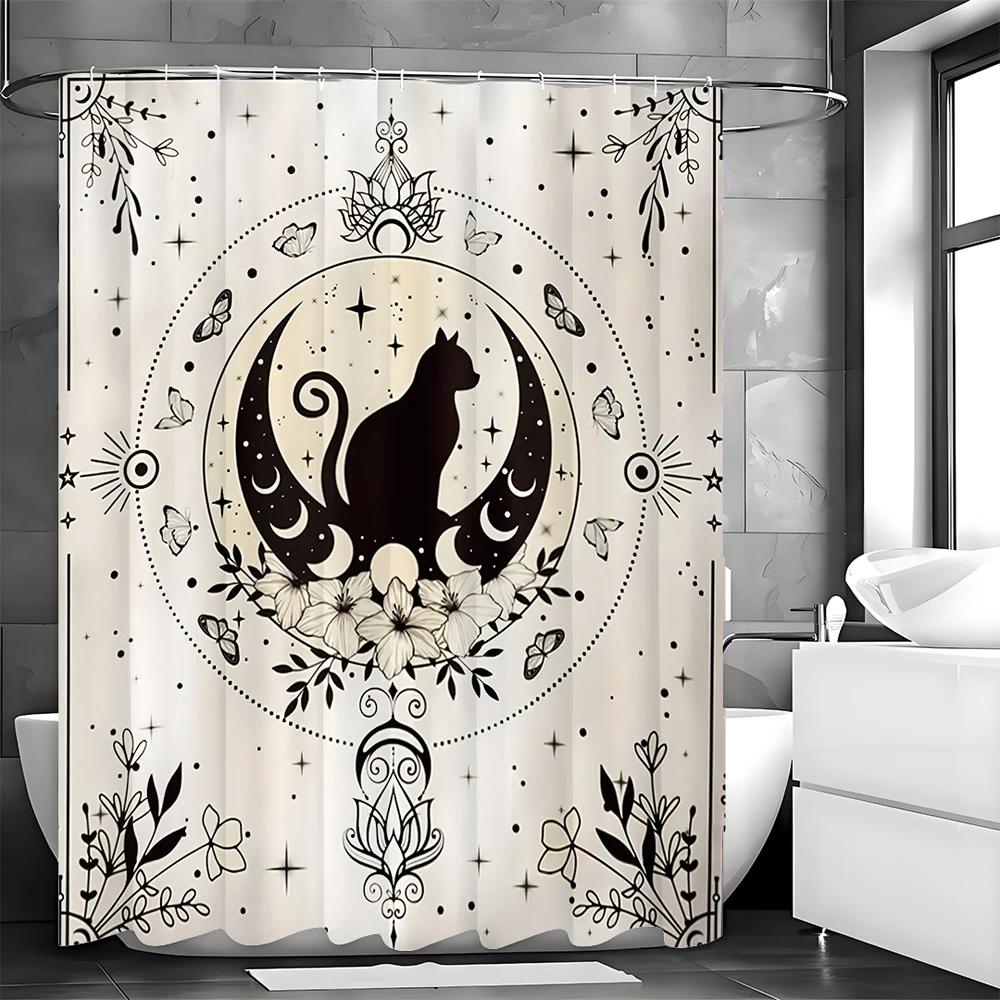 Black Cat Gothic Moon Phase Butterfly Witch Star Mystery Beige Shower Curtain, Bathroom Decorative Shower Curtain, Waterproof Sh