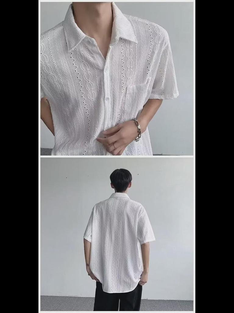 Retro Japanese Hollow Short-Sleeve Men's Casual Summer Shirt