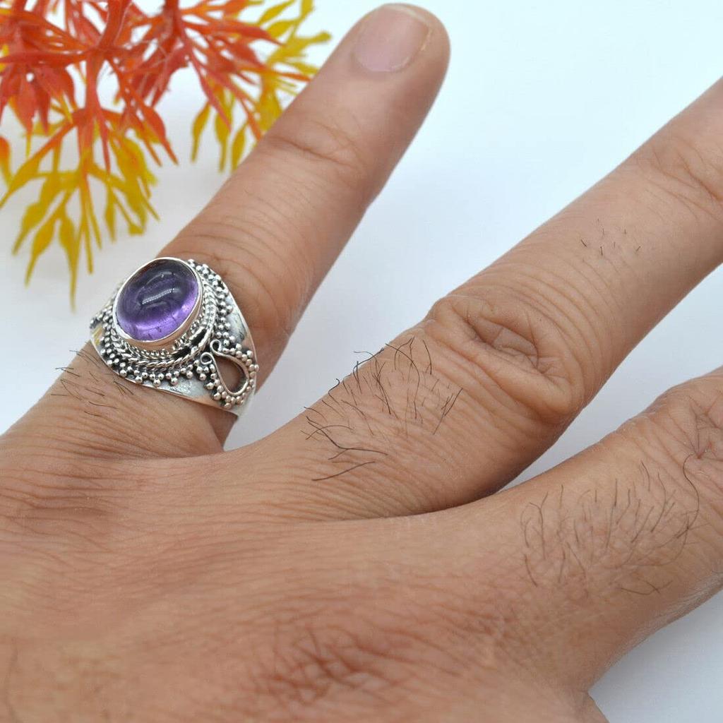Amethyst Ring Gemstone 925 Sterling Silver Ring Handmade Stone Bohemian Jewelry for Women - 5.3 Gms
