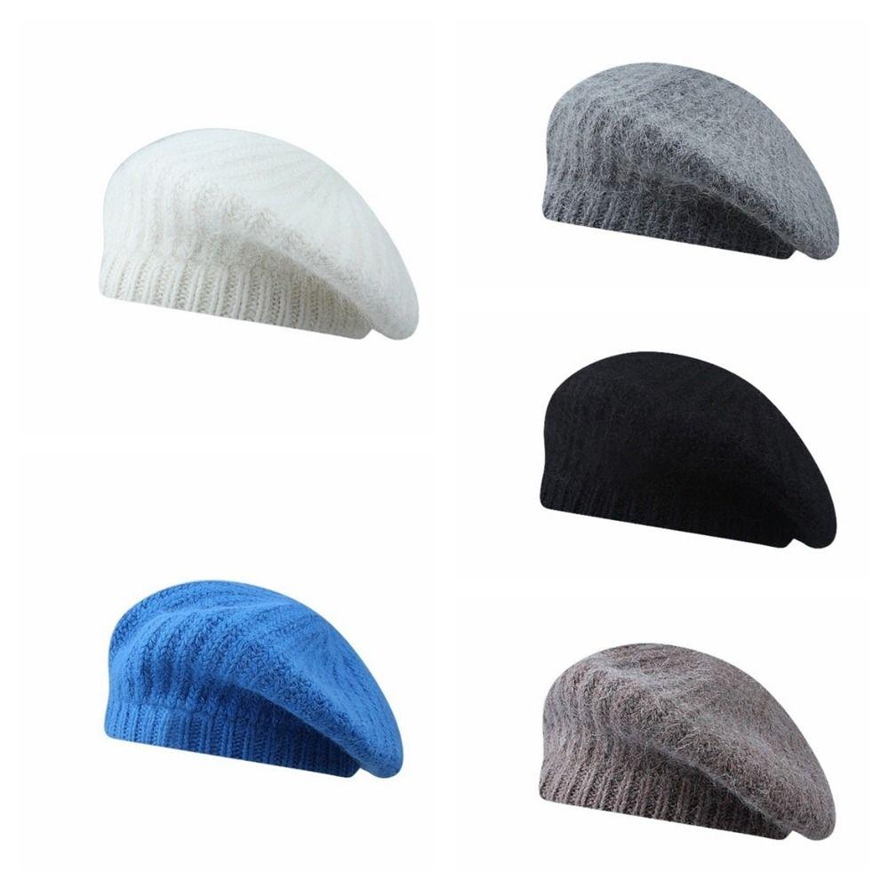 Solid Color Knitted Beanie Cap Wool Painter Hat Casual Mohair Beret Autumn Winter