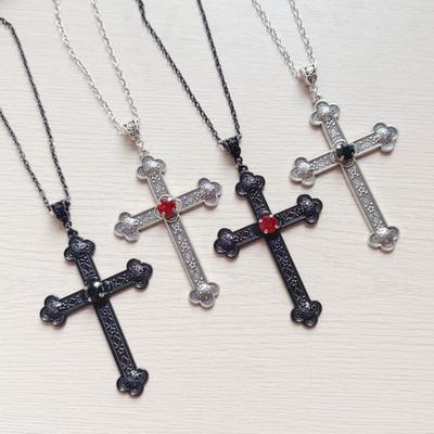 Personality Retro Inlay Red Zircon Sliver Color Cross Pendant Necklace for Women Men Hip-hop Trend Collar Chain Jewelry Gifts
