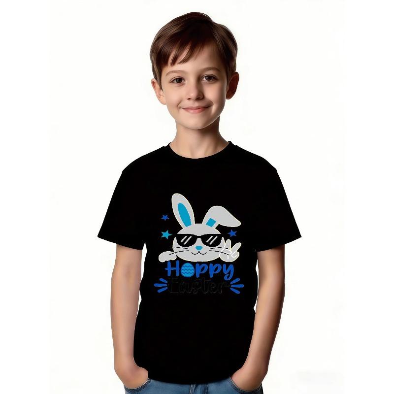 European Sizes Children Girls and Boys Cartoon Style Rabbit Pattern T-Shirt - Stylish Black Background, Trendy Sunglasses Rabbit, Hoppy Easter Design