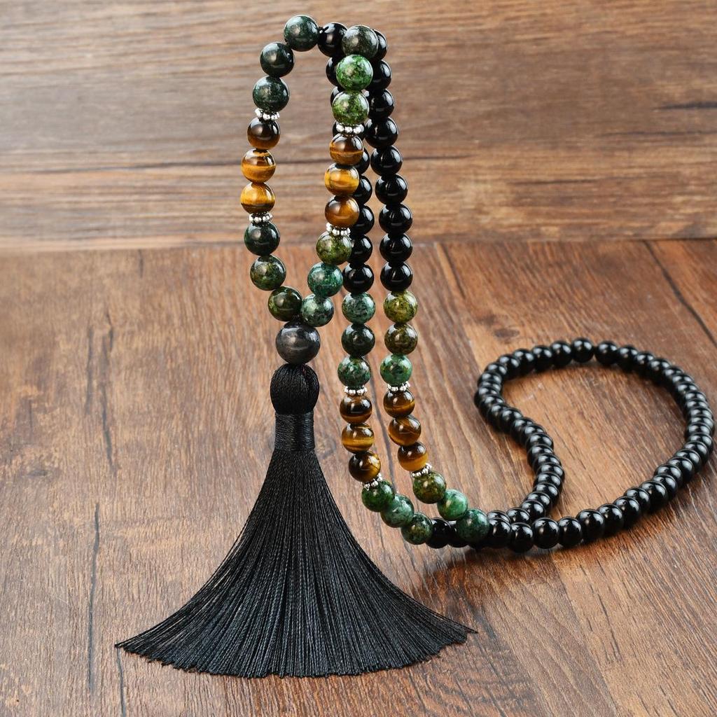 Women's Retro Black Natural Stone Beaded Necklace & Tiger Eye Bracelet Tassel Jewelry Set