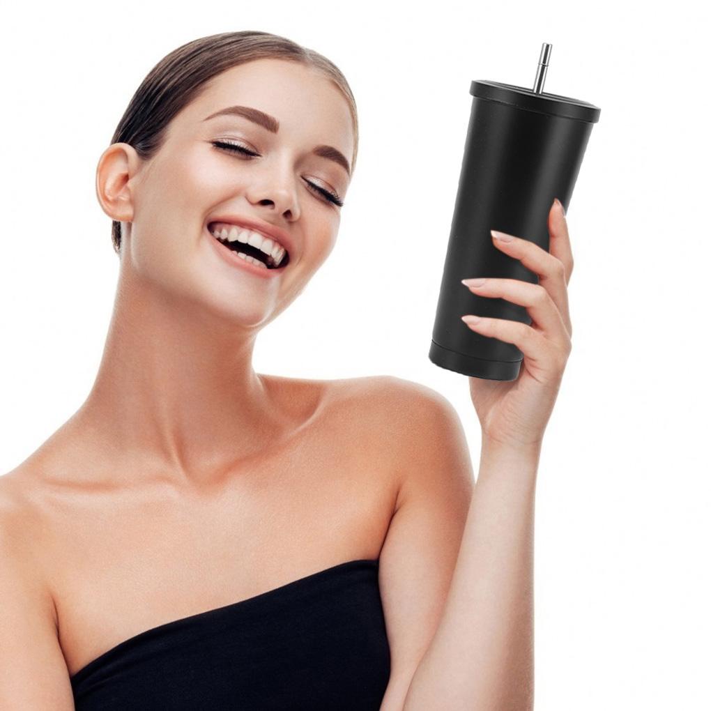 Coffee Cup with Straw Stainless Dual Vacuum Layers Mug 500ml Insulated Anti-leak Cup