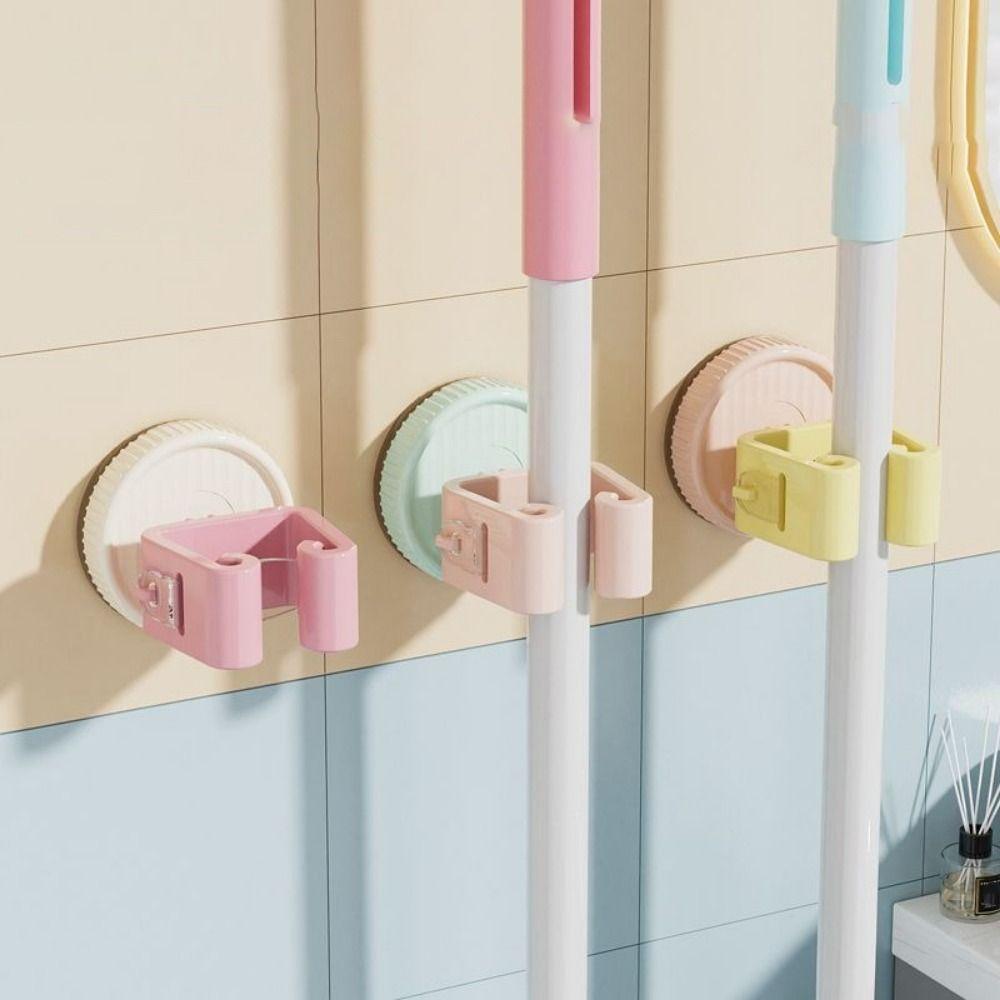 3PCS Multi-functional Plastic Suction Cup Mop Holder Wall Mounted Waterproof Mop Clip Space Saving Mop Storage Rack Bathroom