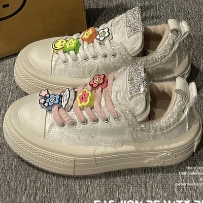 Design Women's Platform Canvas Shoes Lace Casual Shoes Flower Decoration Canvas Shoes 5 Cm Heels Lolita Shoes Women Sneakers