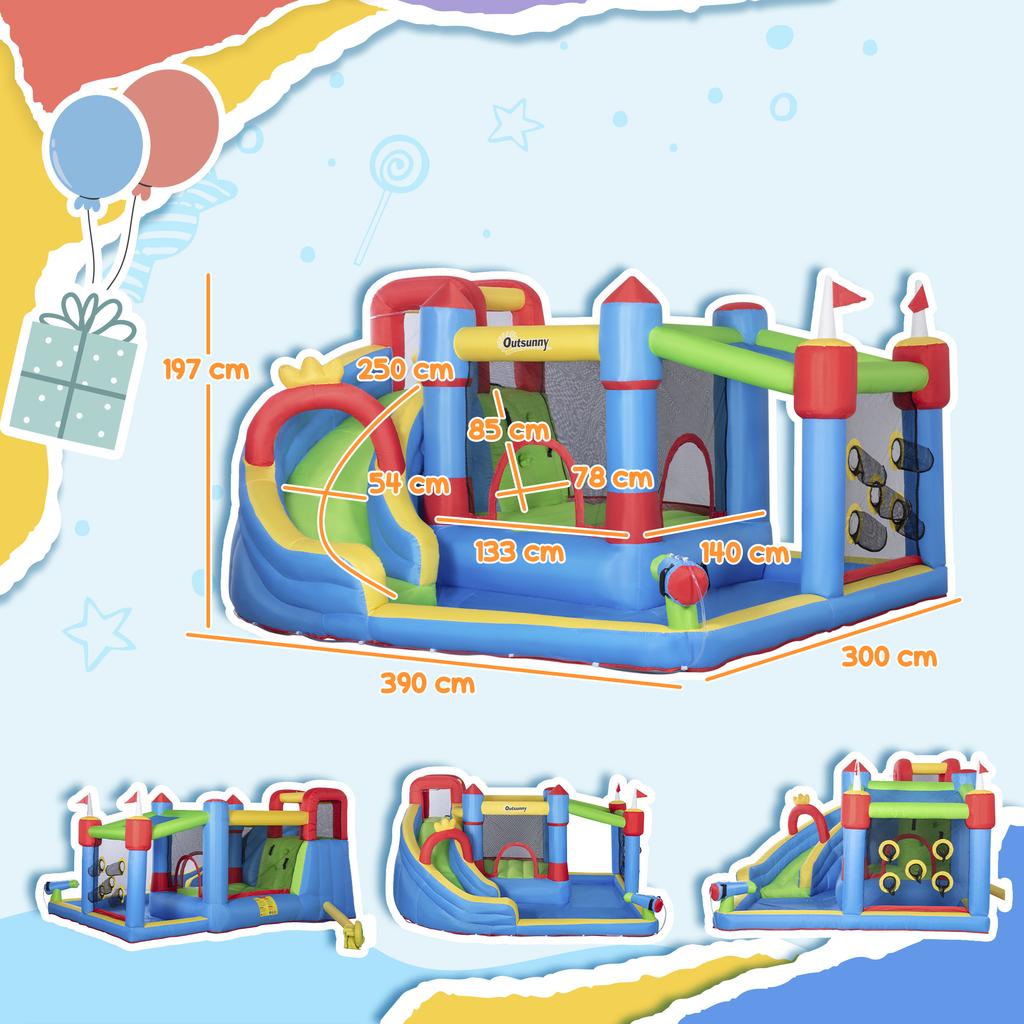 6 In 1 Kids Bouncy Castle, with Water Slide, Water Gun, Climbing Wall, Air Blower for Indoors/Outdoors, 3.9 X 3 X 2m