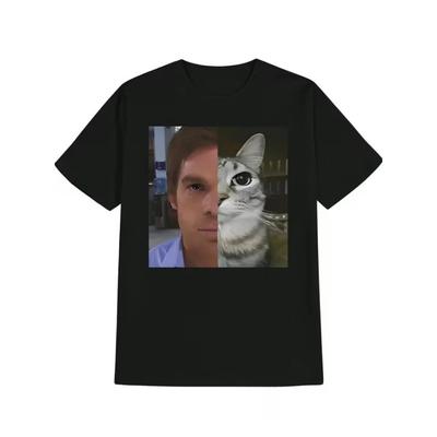 Oversized Black Short-Sleeve T-Shirt Featuring Dexter & Cat Face-Swap Meme Graphic Print