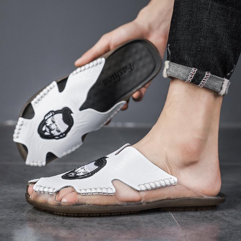 Summer Men's Flat Slippers Extra Wide Slide Sandals Outdoor Beach Open Toe Casual Soft Walking Leather Sandals