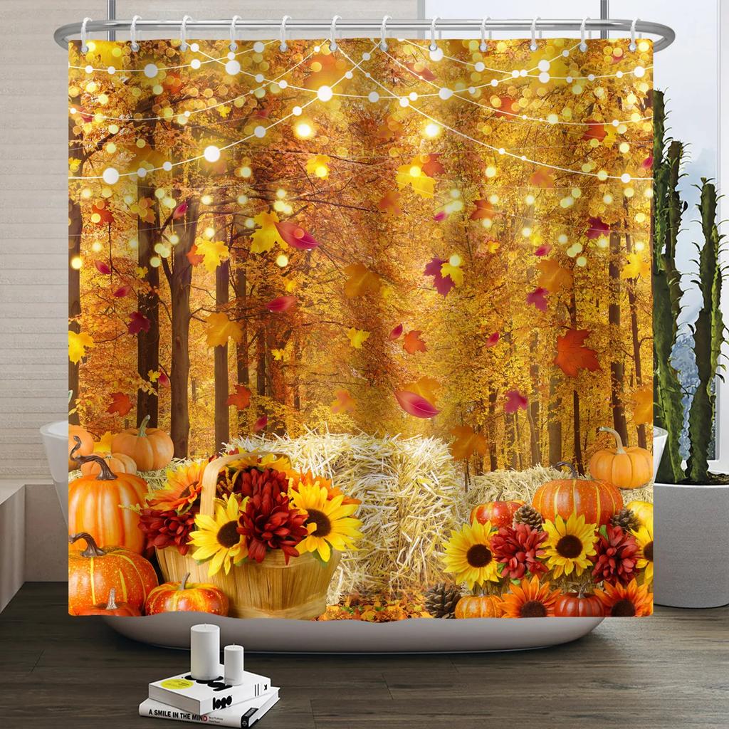 Fall Forest Natural Scene Shower Curtain for Bathroom Autumn Maple Tree Plants Rural Landscape Pumpkin Waterproof Shower Curtain