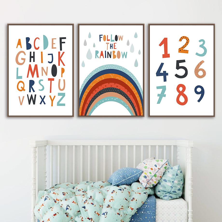 Stella Arcobaleno Numero Alfabeto Citazione Asilo Cartoni Animati Arte da Parete Pittura su Tela Poster e Stampe Immagini per Decorazione Stanza Bambini