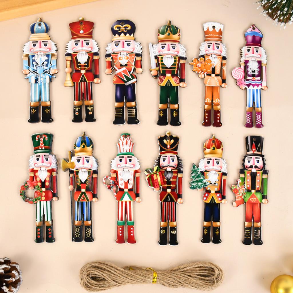 12Pcs Christmas Nutcracker Soldier Wooden Pendant Xmas Tree Hanging Ornament Navidad Decoration for Home New Year Gift