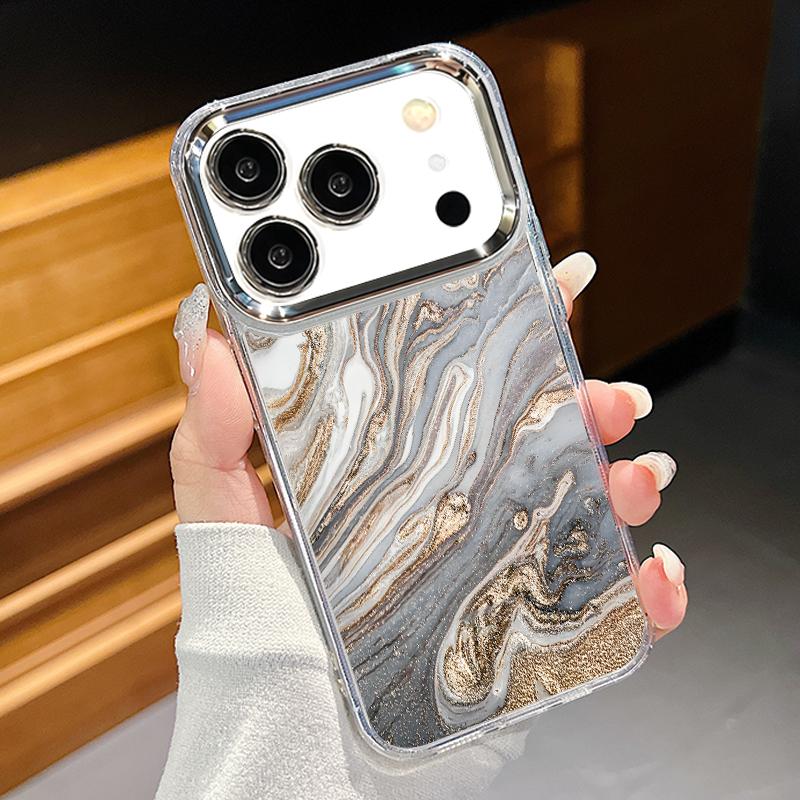 Sandstone Marble Pattern Case For iPhone 17 Pro Max Plating Lens Frame Clear Soft Cover For iPhone 16 15 14 13 Pro Max 11 16E 17E
