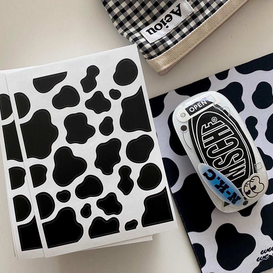 Korean INS Style Black & White Cow Print Stickers for AirPods, Planners, Phones & Computers - Cartoon Decor