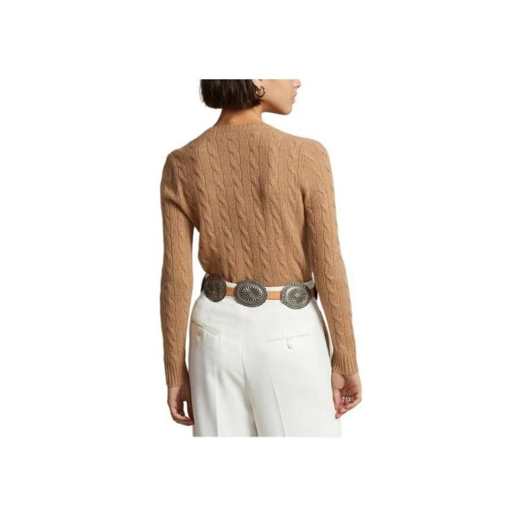 Polo Ralph Lauren SS23 Jednofarebný Pletený sveter s výšivkou malého poníka s výstrihom do V a dlhým rukávom Dámsky sveter Khaki 211570011109