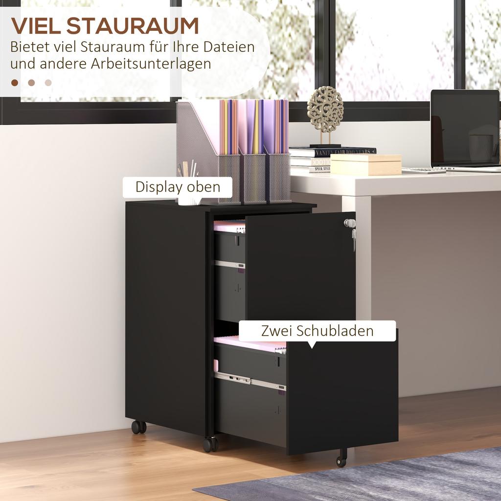 Mobile Pedestal Filing Cabinet, 2 Drawers, Lockable, Rollable, 37 cm x 43.5 cm x 67.5 cm, Black