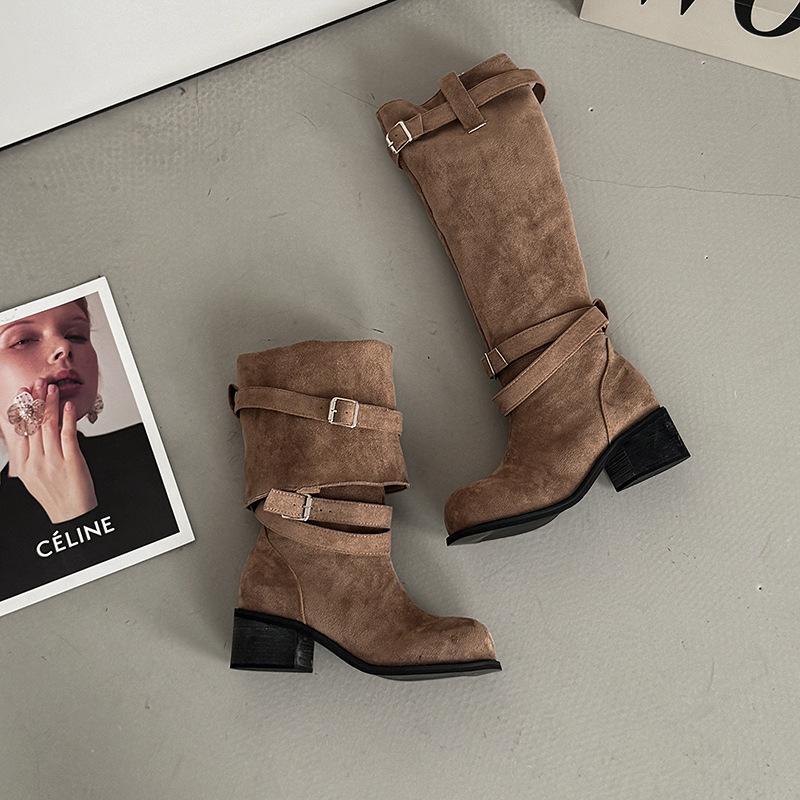 

Ретро универсальные повседневные ботильоны для наслаивания, ковбойские ботинки в западном стиле, летняя мода, высокие голенища, два способа носки, замшевые женские ботинки на толстом каблуке 40 хаки