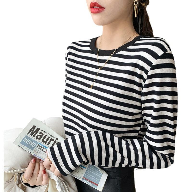 Striped Bottoming Shirt for Women, Spring and Autumn New Style, Contrasting Color, Round Neck, Long-sleeved T-shirt, Early Autumn Top