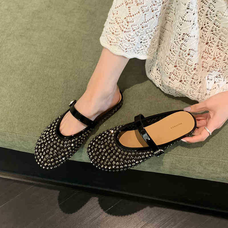 Sheepskin version of rhinestone Mary Jane bag head half slippers women's new wear half tray single shoes sandals