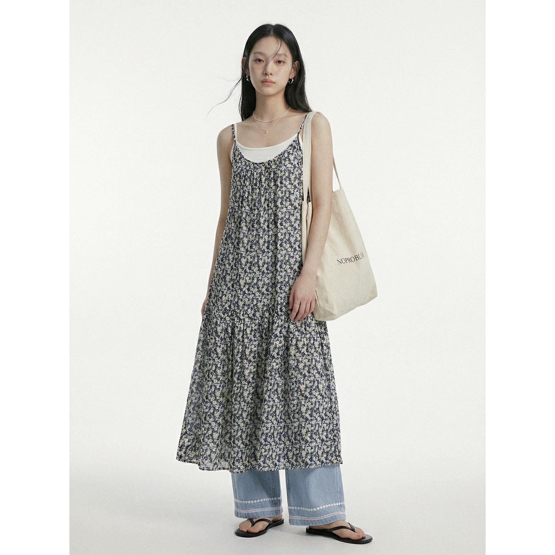 

Nara Small Floral Retro Sling Dress - Spring Waist-Cinched Mid-Length Skirt L (140-160 cm) темно-синий