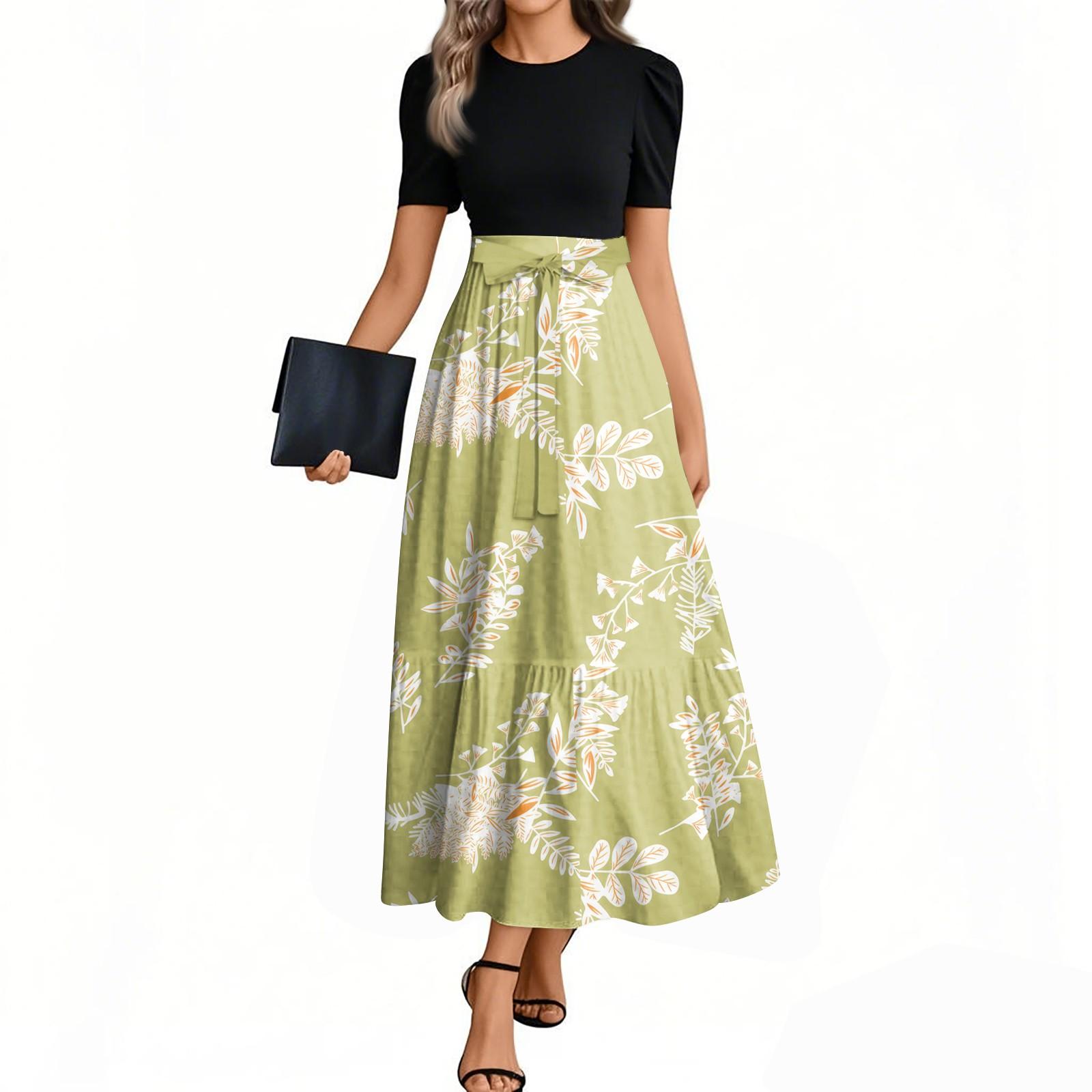 

Жіноча модна повсякденна сукня з коротким рукавом і круглим вирізом із квітковими швами, елегантна темпераментна сукня XL жовтий