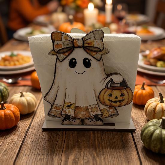Teak Wood Napkin Stand Halloween Wooden Holder for Table Decor, Decorative Organizer Dispenser, Rustic Tabletop Cartoon Freestanding Paper Towel