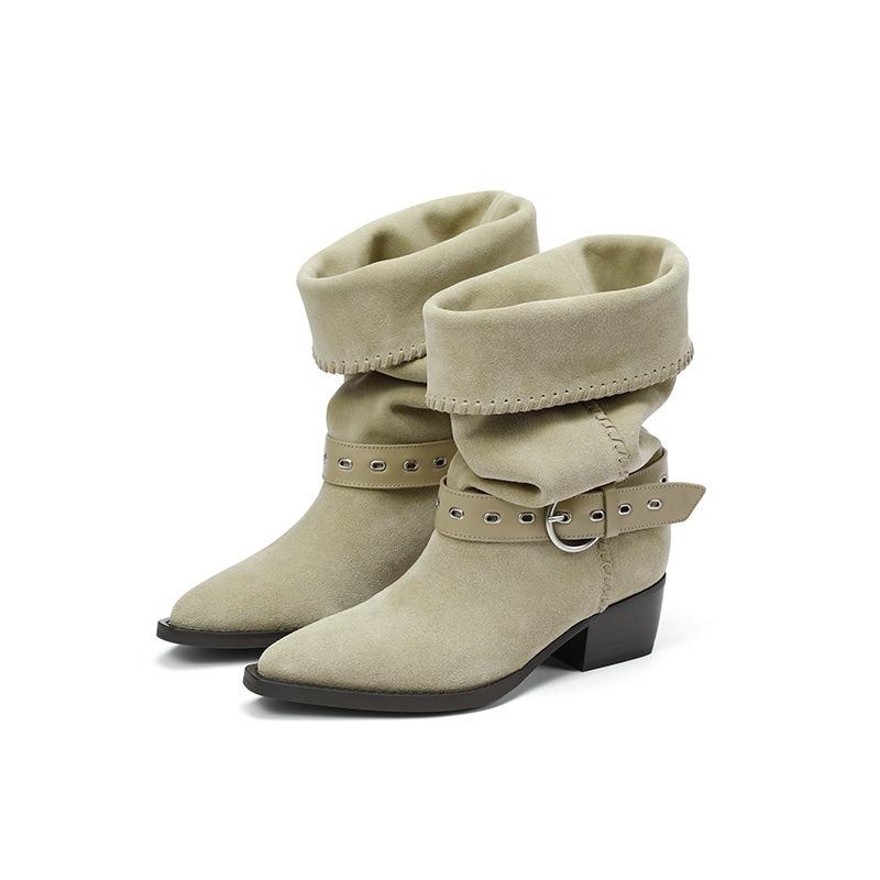 Cowhide version White Deer leather thick heel medium boots retro belt buckle pointed western cowboy boots knight boots