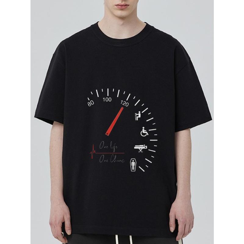 Black T Shirt with Speedometer Design and One Life One Chance Text for Casual Wear