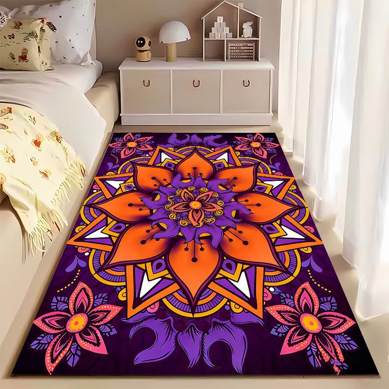 Colorful Mandala Flower Pattern Carpet, Orange and Purple Home Decor Rug Suitable for use as an anti-slip for living room bedroom sofas