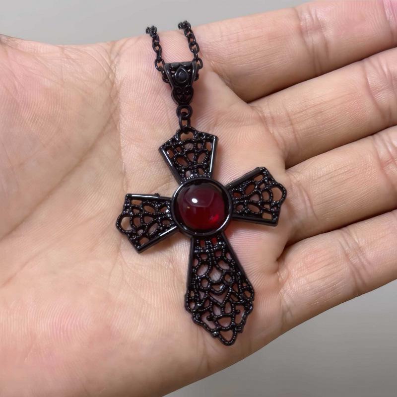 Jun'an Gothic Black Cross Pendant Necklace with Red Gem