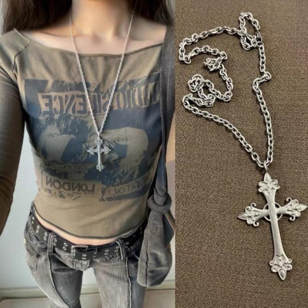 

Starry Fleld Rose & Cross Necklace - Stylish Korean-style Cool Silver Large Carved Cross Necklace & Sweater Chain 60cm