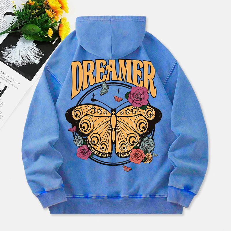 Vintage Butterfly Washed Hoodie Womens Dreamer Letter Cotton Sweatshirt Long Sleeves Pocket Oversize Hoody Clothes
