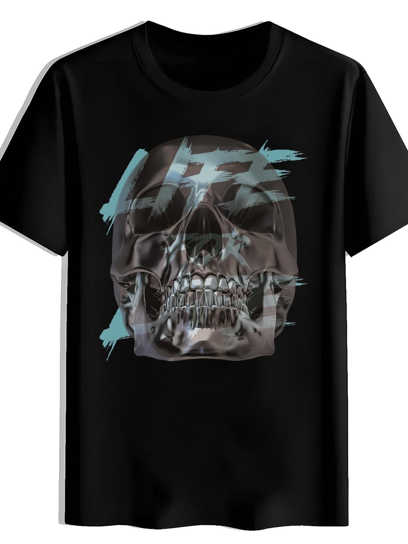 T-shirt Skull Graphic - Black Casual Short Sleeve Tee with Blue & White Design L