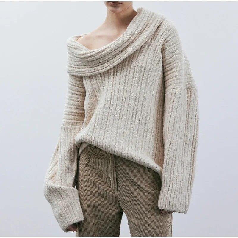 Elegant Solid Slash Neck Thick Knitted Boat Neck Tops Women Casual Long Sleeve Loose Warm Pullover Jumpers Female Fashion High Street Sweater Knitwear