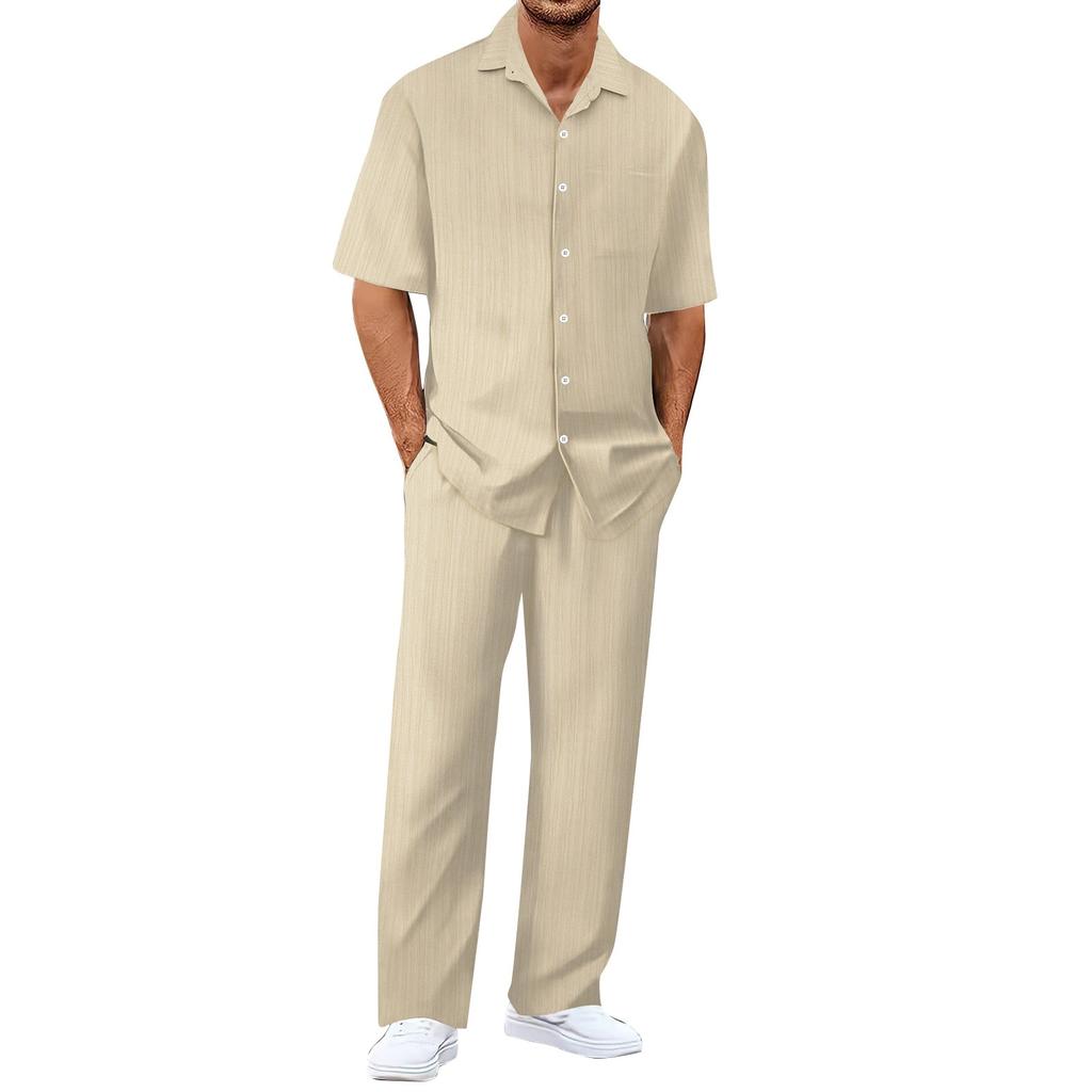 Men's Summer Hawaiian Solid Stripe Textured Button Shirt Trousers Set