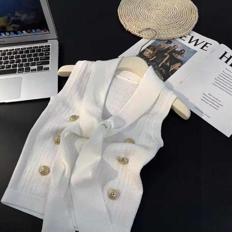 Light luxury end goods summer new metal buckle streamer knitted vest women's chic high-end sleeveless top