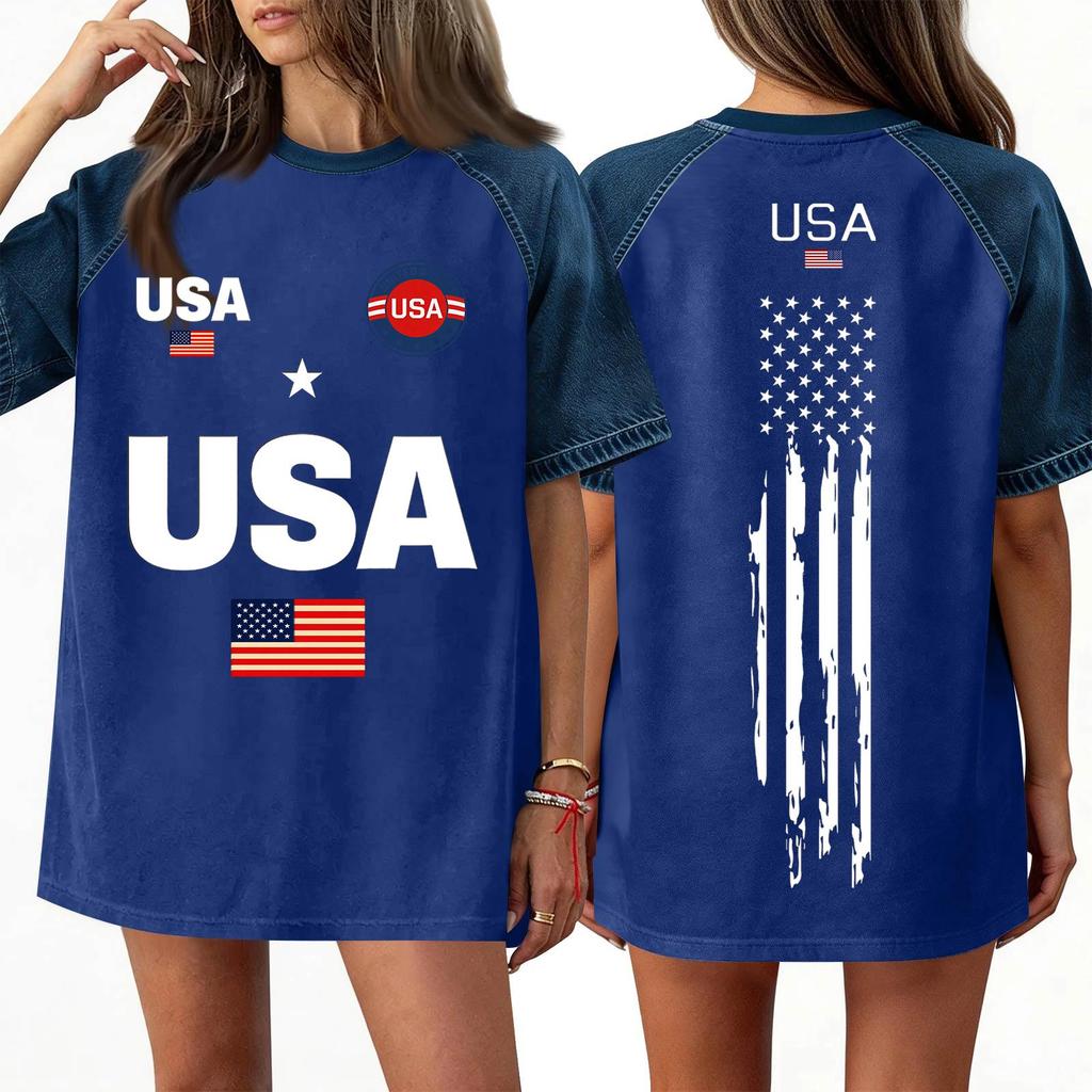 Women's Denim Patchwork Top, Casual Short-sleeved Comfortable T-shirt, Fashionable For Spring And Summer.